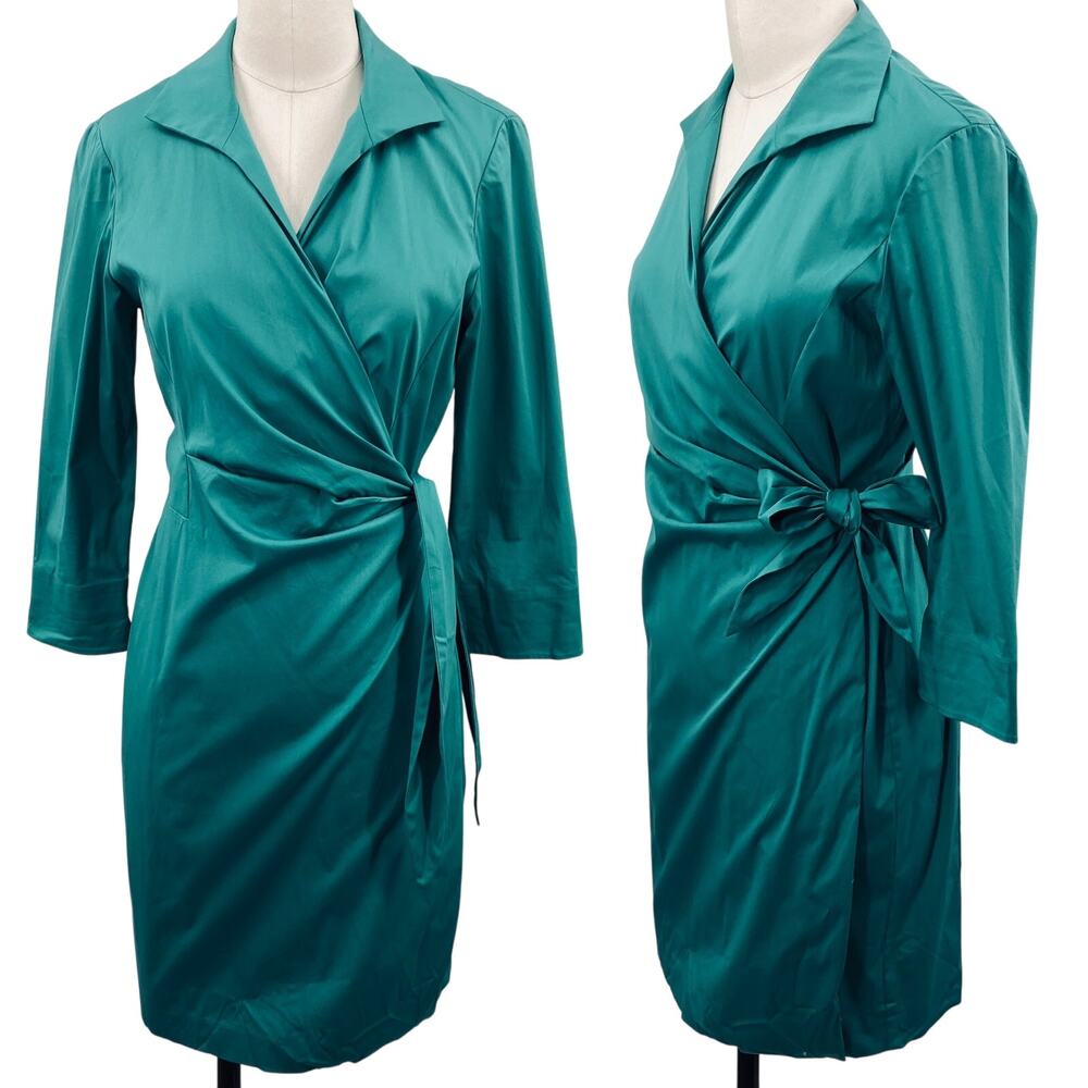 Lafayette 148 Wrap Dress Shirtdress Collared Tie Front Stretch Cotton Teal 6 P